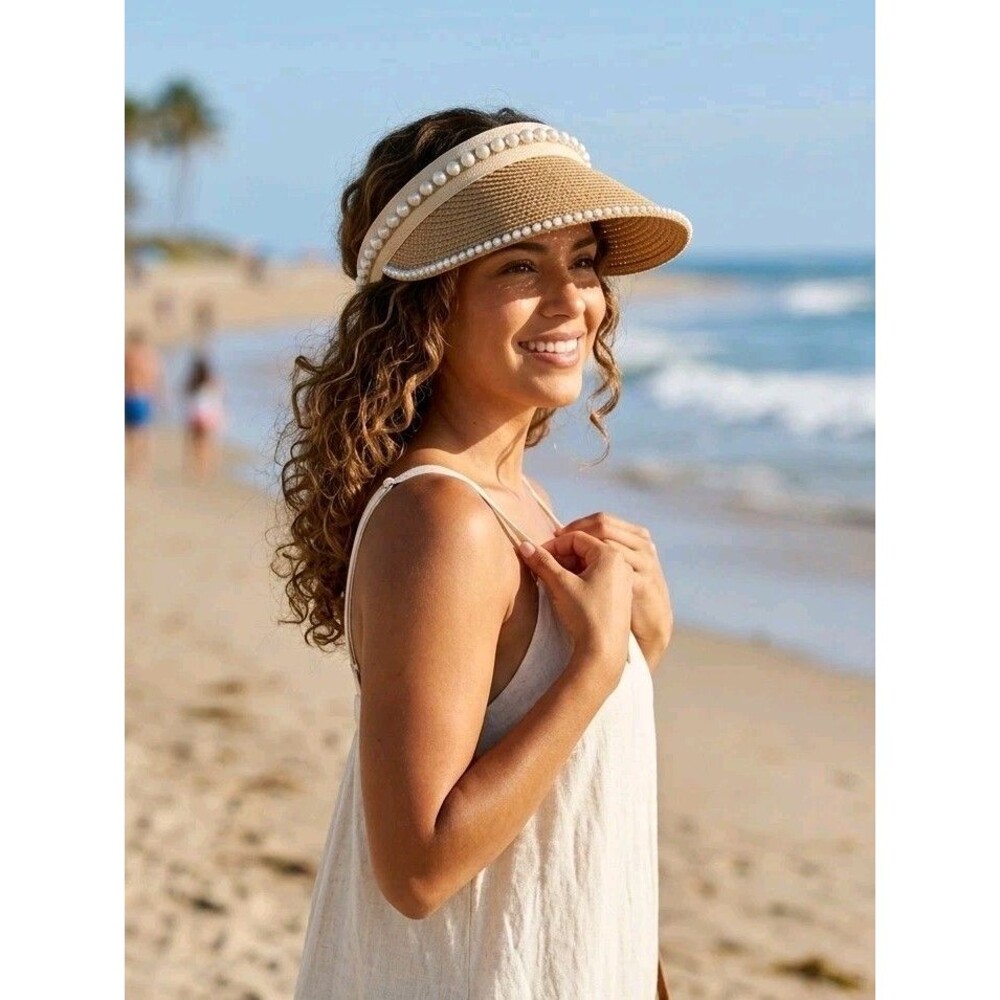 Ellen Tracy Hat Women’s Beige Straw Sun Visor with Elegant Pear Beach Cool